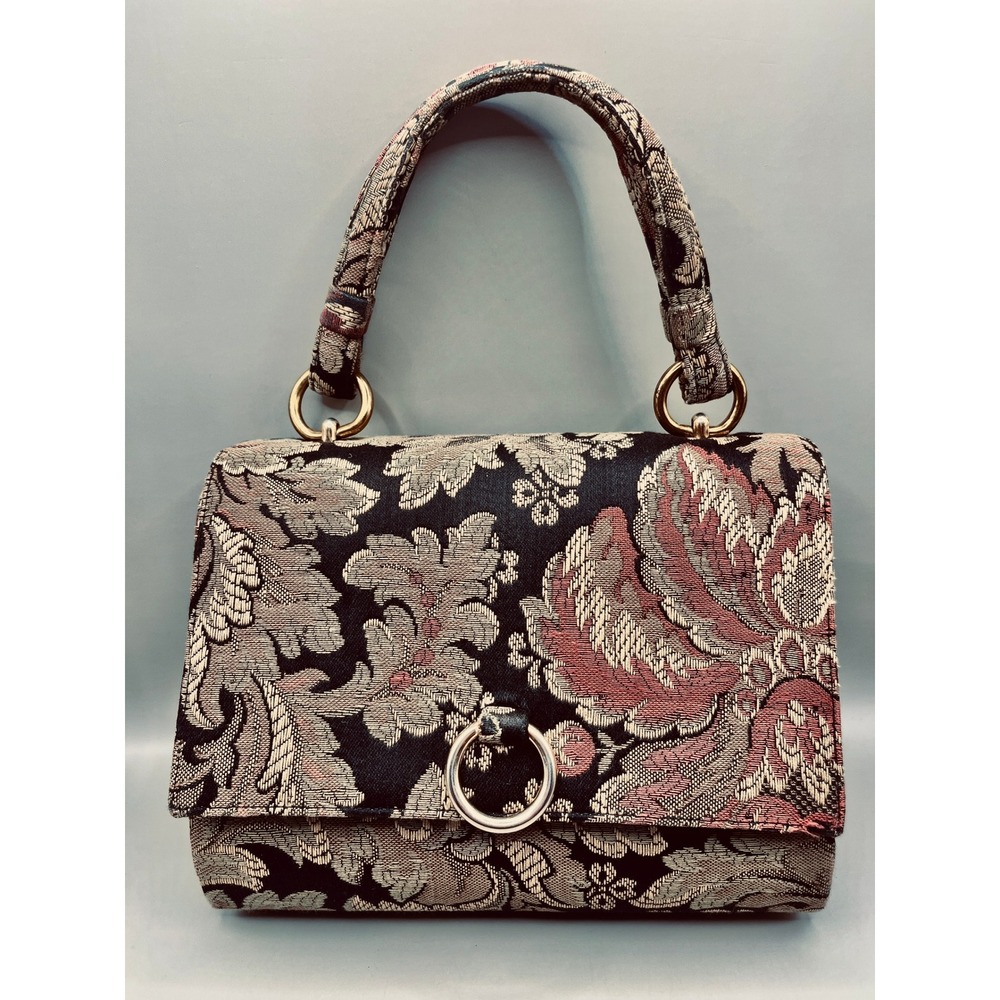 Vtg Floral Tapestry Handbag Gold Ring Top Handle Brocade Satchel Black 6" x 8"